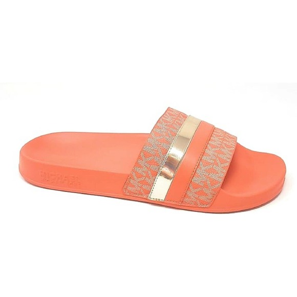 Michael Kors Brandy Metallic Striped Logo Slide Sandal Poppy 5/7 Nib $85 - Picture 1 of 4
